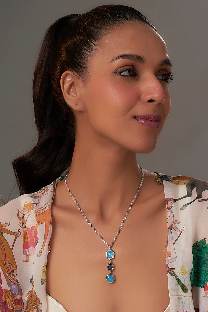 White Rhodium Finish Milky Blue & Aquamarine Crystal Pendant Necklace by Halo Jewelers at Pernia's Pop Up Shop