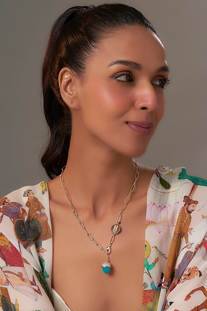 Yellow Gold Finish Amazonite Crystal & Cubic Zirconia Pendant Necklace by Halo Jewelers at Pernia's Pop Up Shop