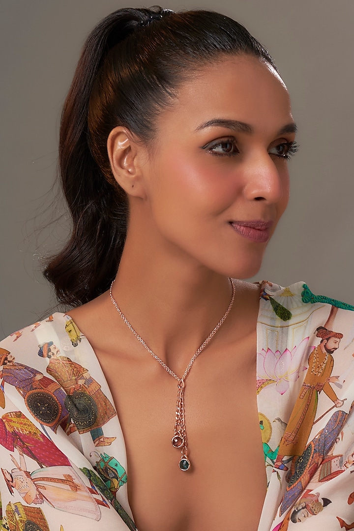 Rose Gold Finish Tourmaline Green & Antique Pink Crystal Pendant Necklace by Halo Jewelers at Pernia's Pop Up Shop