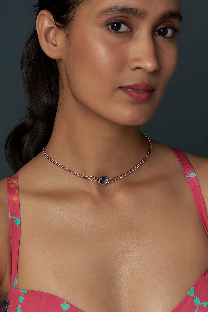 Rose Gold Finish Blue Sapphire Crystal Necklace by Halo Jewelers at Pernia's Pop Up Shop