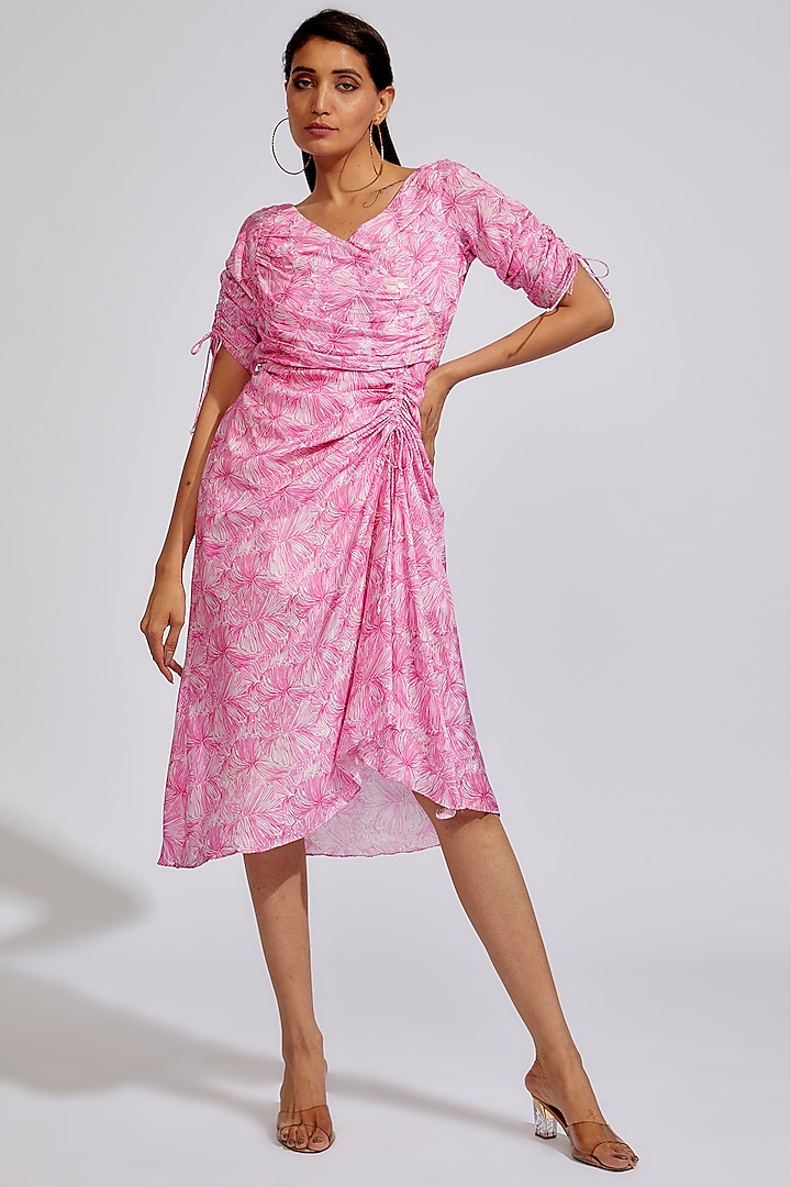 Pink Cotton Satin Printed Dress by LABEL KIARSH