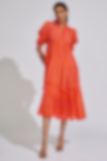 Orange Cotton Satin Printed Dress by LABEL KIARSH