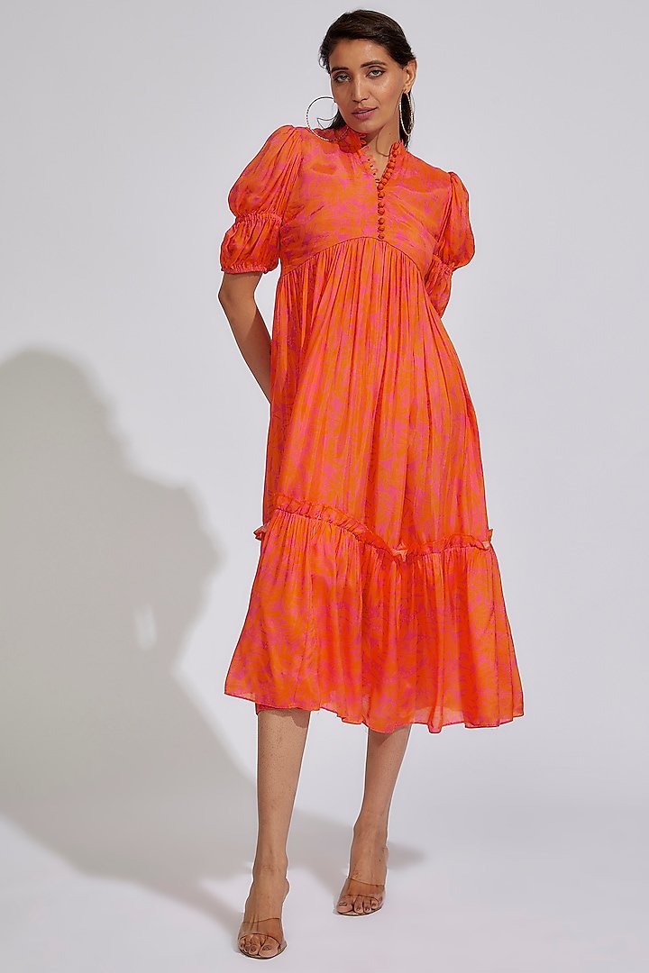 Orange Cotton Satin Printed Dress by LABEL KIARSH