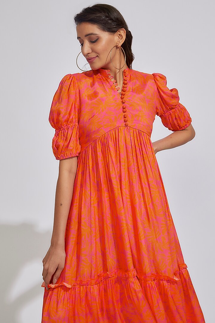 Orange Cotton Satin Printed Summer Dress by LABEL KIARSH at Pernia's Pop Up Shop