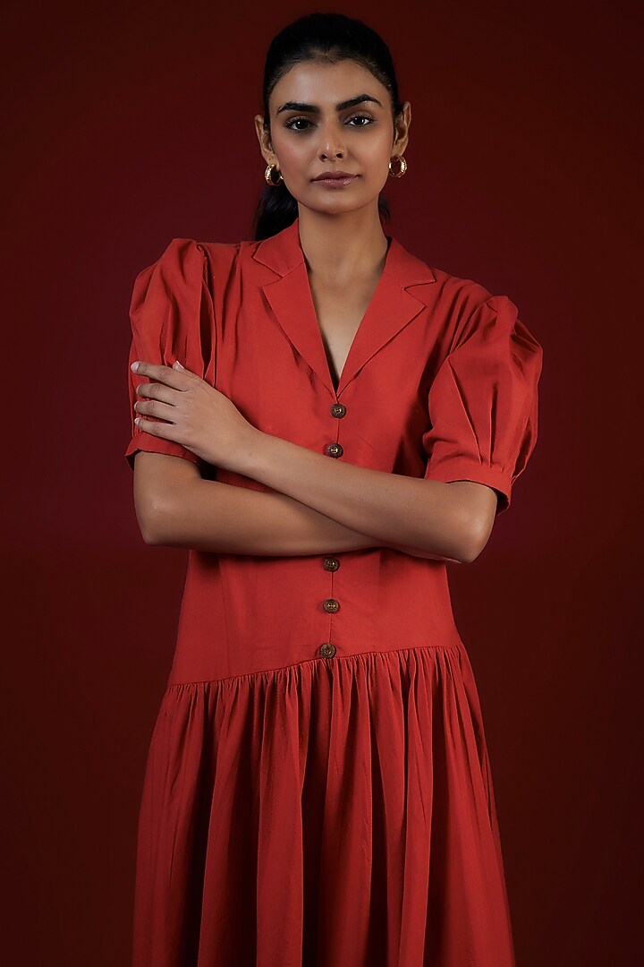 Red Cotton Pleated Midi Summer Dress by LABEL KIARSH at Pernia's Pop Up Shop