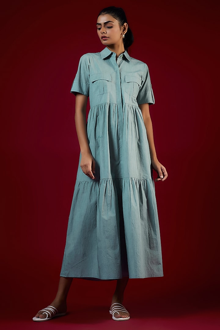 Cyan Blue Cotton Midi Dress by LABEL KIARSH