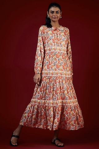 Multi-Colored Cotton Silk Tropical Printed Layered Maxi Dress by LABEL KIARSH