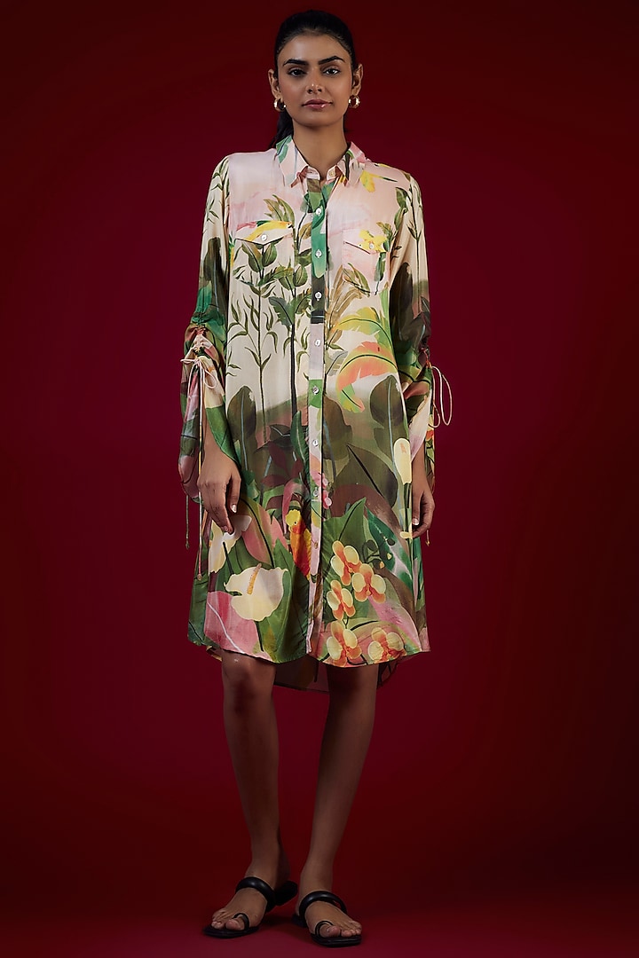Multi-Colored Cotton Silk Tropical Printed Shirt Dress by LABEL KIARSH