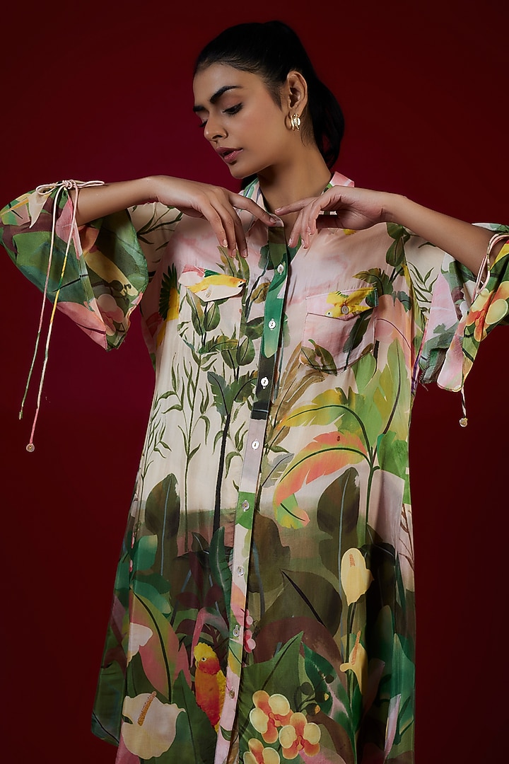 Multi-Colored Cotton Silk Tropical Printed Vacation Shirt Dress by LABEL KIARSH at Pernia's Pop Up Shop