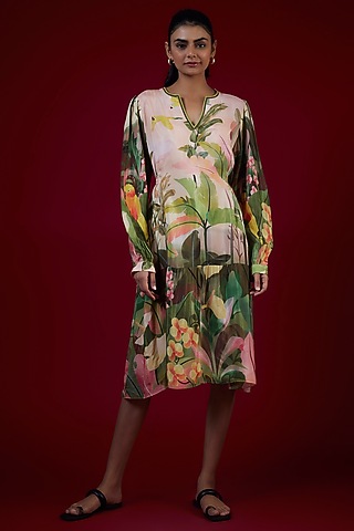 Multi-Colored Cotton Silk Tropical Printed Midi Dress by LABEL KIARSH