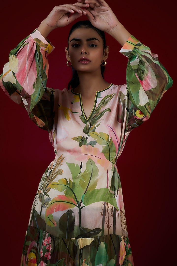 Multi-Colored Cotton Silk Tropical Printed Midi Vacation Dress by LABEL KIARSH at Pernia's Pop Up Shop