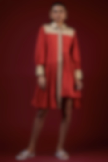 Carmine Red Cotton Gathered Shirt Dress by LABEL KIARSH