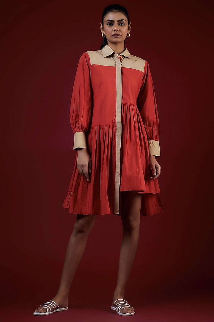 Carmine Red Cotton Gathered Shirt Dress by LABEL KIARSH