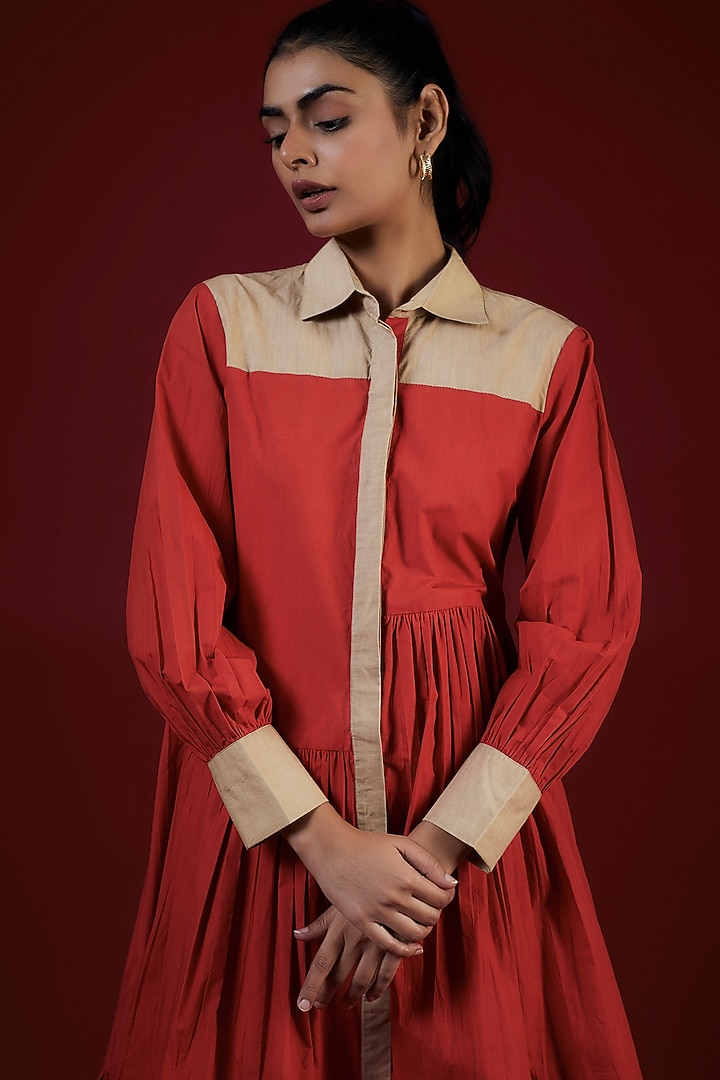 Carmine Red Cotton Gathered Summer Shirt Dress by LABEL KIARSH at Pernia's Pop Up Shop