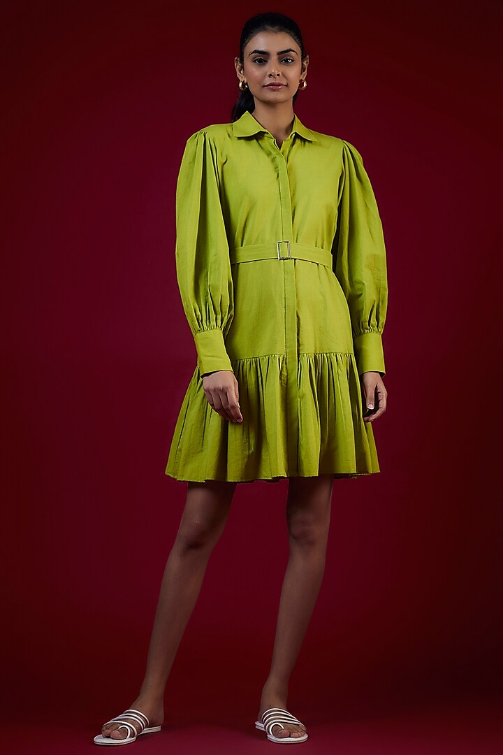 Green Cotton Layered Mini Dress by LABEL KIARSH