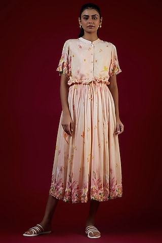 Multi-Colored Cotton Silk Tropical Printed Midi Dress by LABEL KIARSH