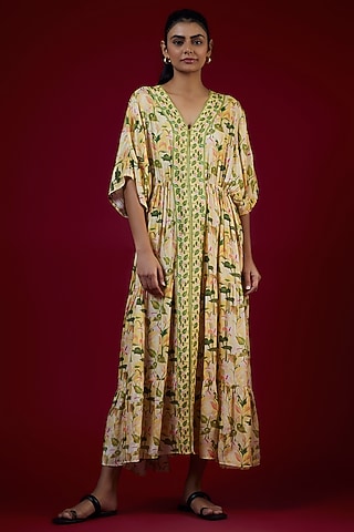 Multi-Colored Cotton Silk Floral Printed Tiered Dress by LABEL KIARSH