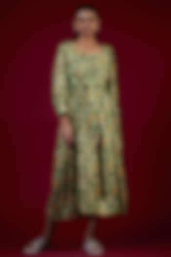 Green Cotton Silk Abstract Printed Midi Dress by LABEL KIARSH