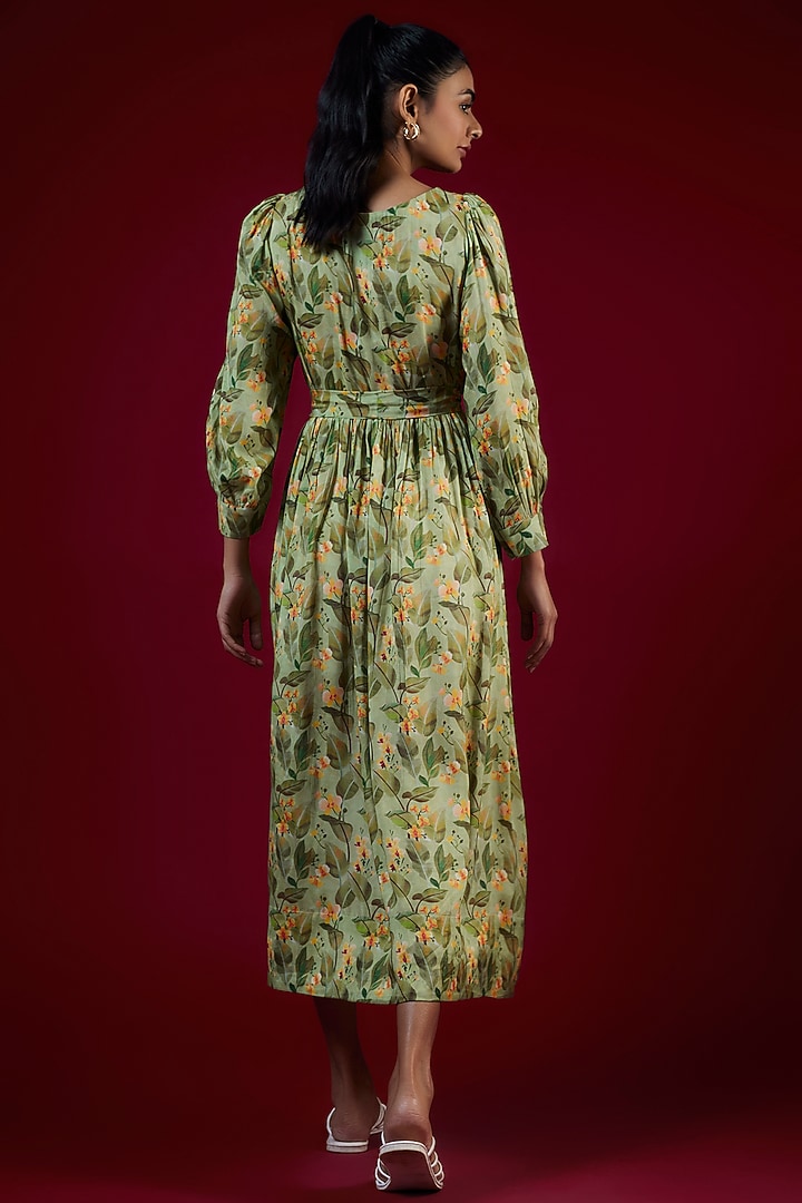 Green Cotton Silk Abstract Printed Midi Summer Dress by LABEL KIARSH at Pernia's Pop Up Shop