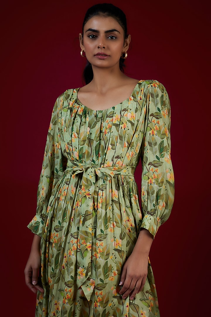 Green Cotton Silk Abstract Printed Midi Summer Dress by LABEL KIARSH at Pernia's Pop Up Shop