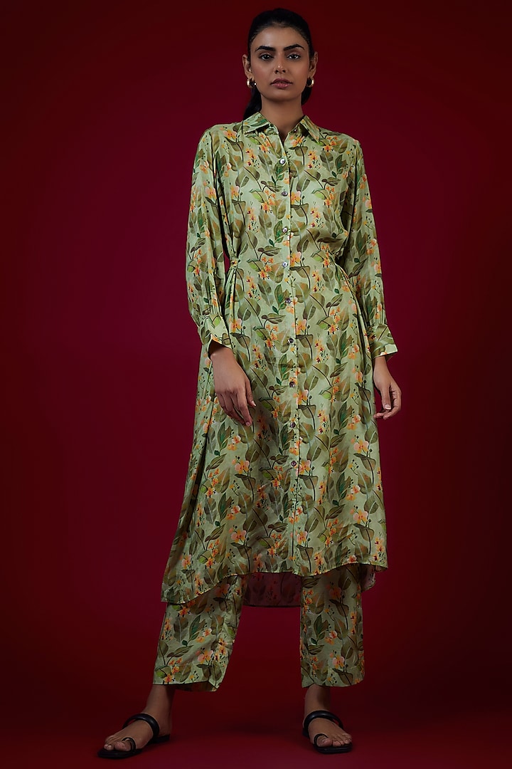 Green Cotton Silk Floral Printed Co-Ord Set by LABEL KIARSH