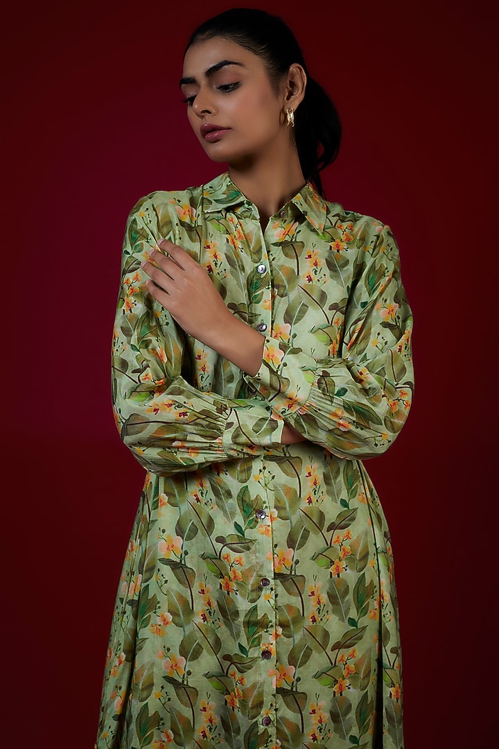 Green Cotton Silk Floral Printed Co-Ord Set by LABEL KIARSH at Pernia's Pop Up Shop