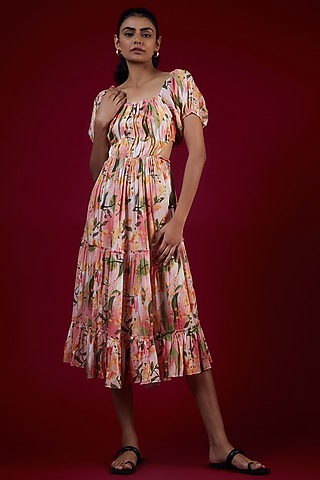 Multi-colored Cotton Silk Floral Printed Layered Midi Dress by LABEL KIARSH