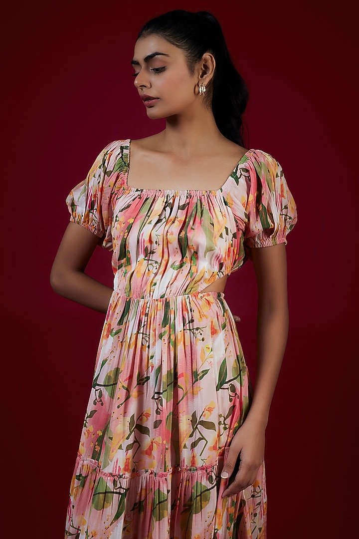 Multi-colored Cotton Silk Floral Printed Layered Midi Summer Dress by LABEL KIARSH at Pernia's Pop Up Shop