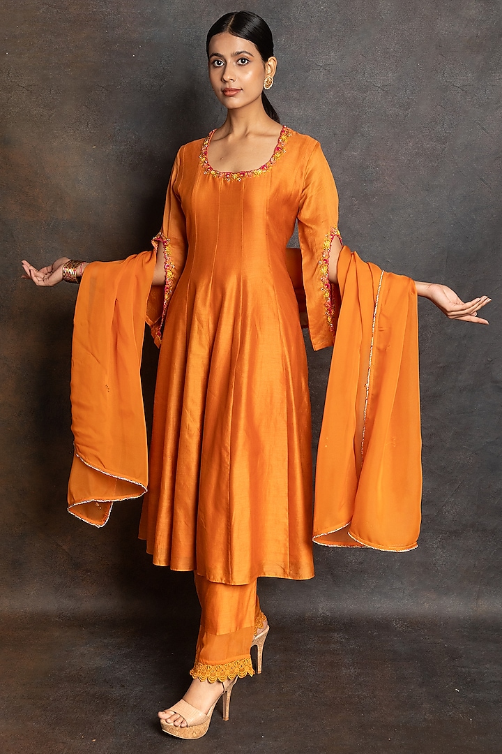 Rust Orange Chanderi Embellished Anarkali Set by LABEL KIARSH at Pernia's Pop Up Shop