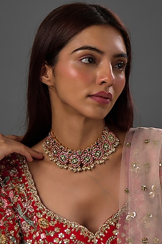 Gold Finish Freshwater Pearl & Semi-Precious Stone Necklace In Sterling Silver by HALKI FULKI