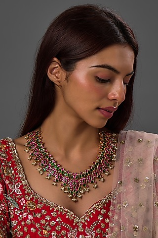 Gold Finish Freshwater Pearl & Semi-Precious Stone Necklace In Sterling Silver by HALKI FULKI