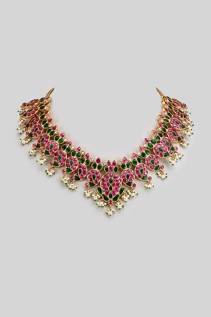 Gold Finish Freshwater Pearl & Semi-Precious Stone Necklace In Sterling Silver by HALKI FULKI at Pernia's Pop Up Shop