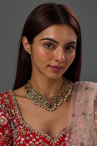 Gold Finish Freshwater Pearl & Semi-Precious Stone Necklace In Sterling Silver by HALKI FULKI