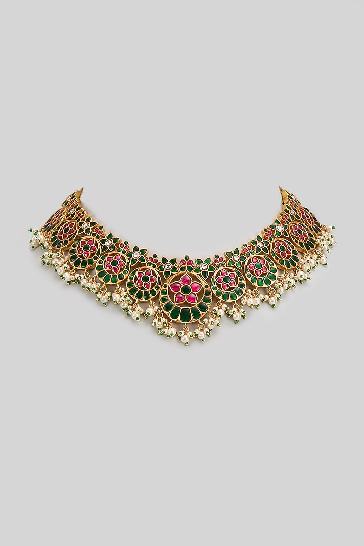 Gold Finish Freshwater Pearl & Semi-Precious Stone Necklace In Sterling Silver by HALKI FULKI at Pernia's Pop Up Shop