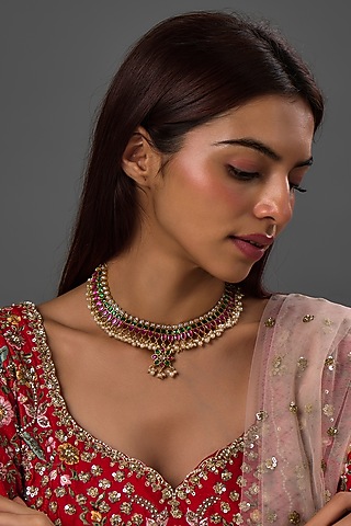 Gold Finish Freshwater Pearl & Semi-Precious Stone Necklace In Sterling Silver by HALKI FULKI