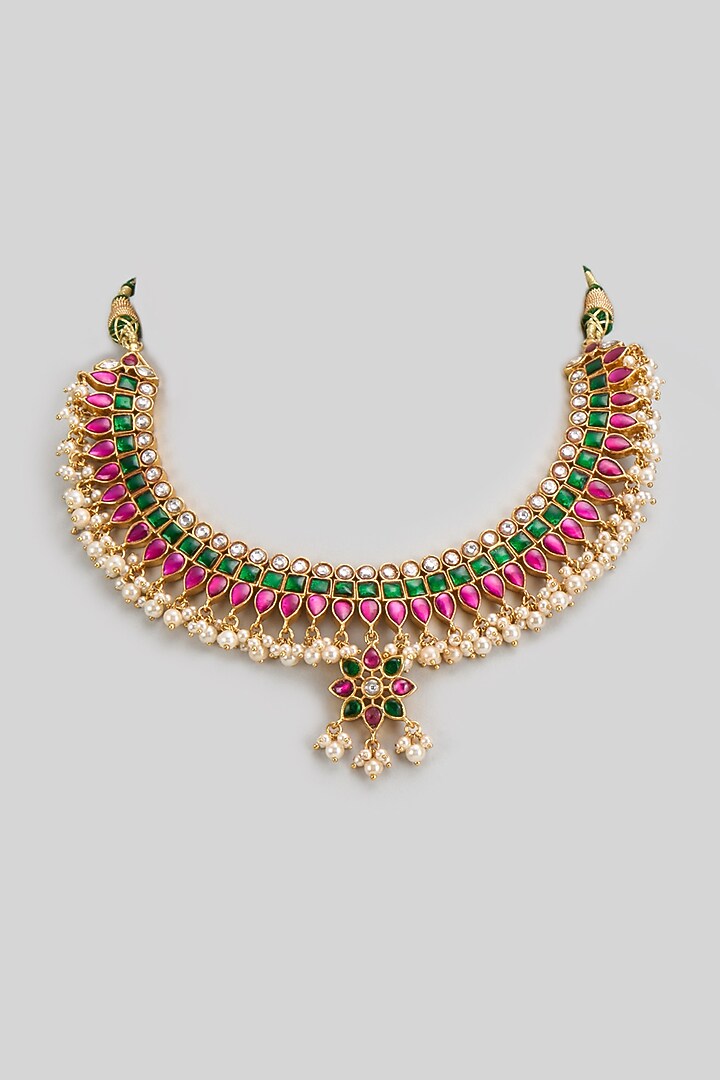Gold Finish Freshwater Pearl & Semi-Precious Stone Necklace In Sterling Silver by HALKI FULKI at Pernia's Pop Up Shop