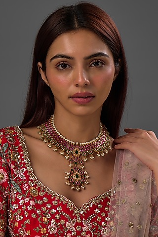 Gold Finish Freshwater Pearl & Semi-Precious Stone Necklace In Sterling Silver by HALKI FULKI