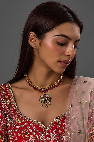 Gold Finish Freshwater Pearl & Semi-Precious Stone Necklace In Sterling Silver by HALKI FULKI