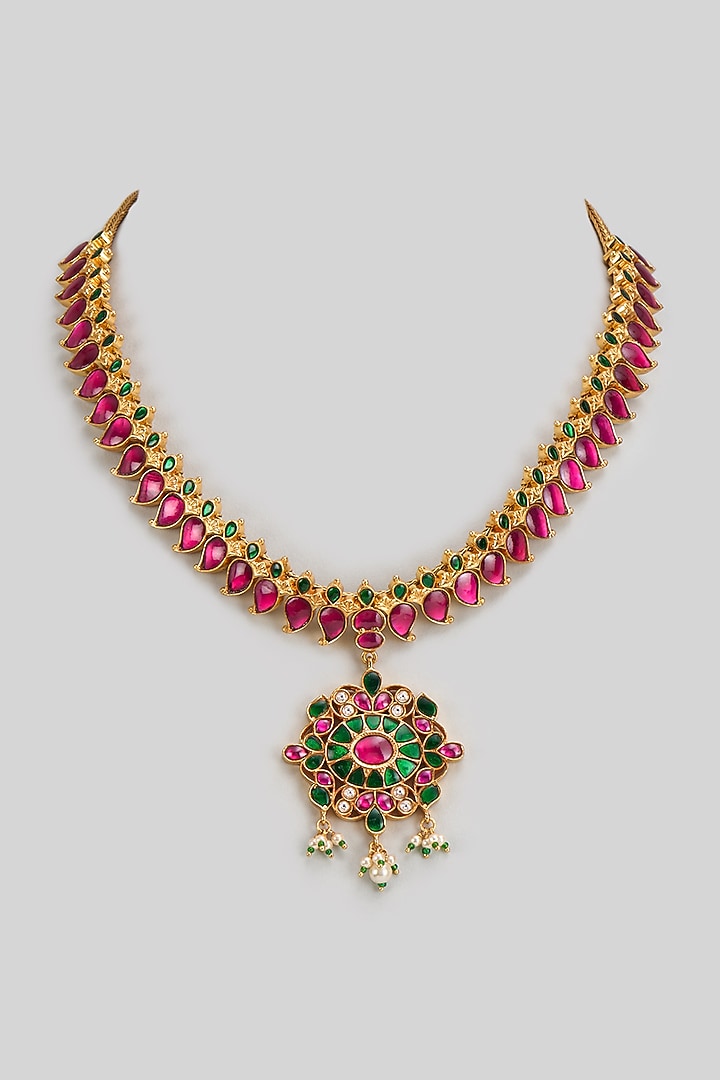 Gold Finish Freshwater Pearl & Semi-Precious Stone Necklace In Sterling Silver by HALKI FULKI at Pernia's Pop Up Shop