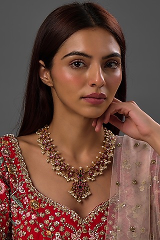 Gold Finish Freshwater Pearl & Semi-Precious Stone Necklace In Sterling Silver by HALKI FULKI