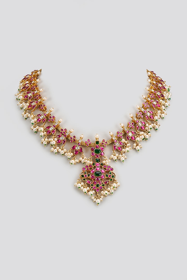 Gold Finish Freshwater Pearl & Semi-Precious Stone Necklace In Sterling Silver by HALKI FULKI at Pernia's Pop Up Shop