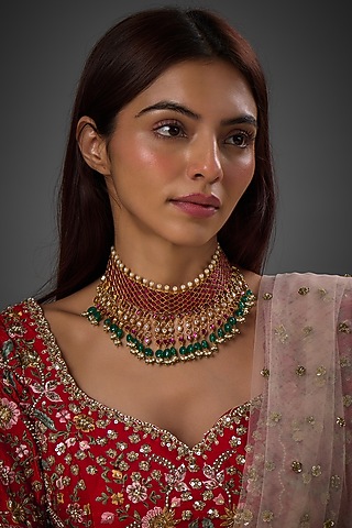 Gold Finish Freshwater Pearl & Semi-Precious Stone Choker Necklace In Sterling Silver by HALKI FULKI