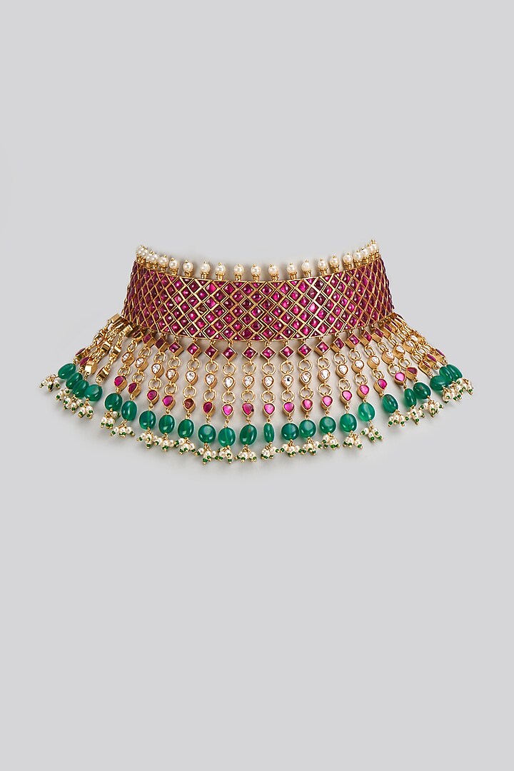 Gold Finish Freshwater Pearl & Semi-Precious Stone Choker Necklace In Sterling Silver by HALKI FULKI at Pernia's Pop Up Shop