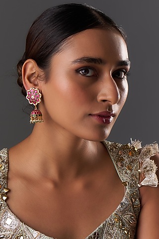 Gold Finish Freshwater Pearl & Semi-Precious Stone Dangler Earrings In Sterling Silver by HALKI FULKI