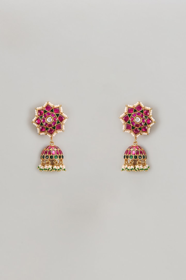 Gold Finish Freshwater Pearl & Semi-Precious Stone Dangler Earrings In Sterling Silver by HALKI FULKI at Pernia's Pop Up Shop