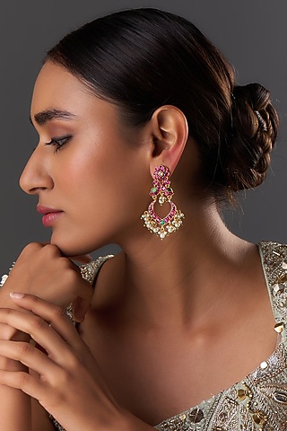 Gold Finish Freshwater Pearl & Semi-Precious Stone Dangler Earrings In Sterling Silver by HALKI FULKI