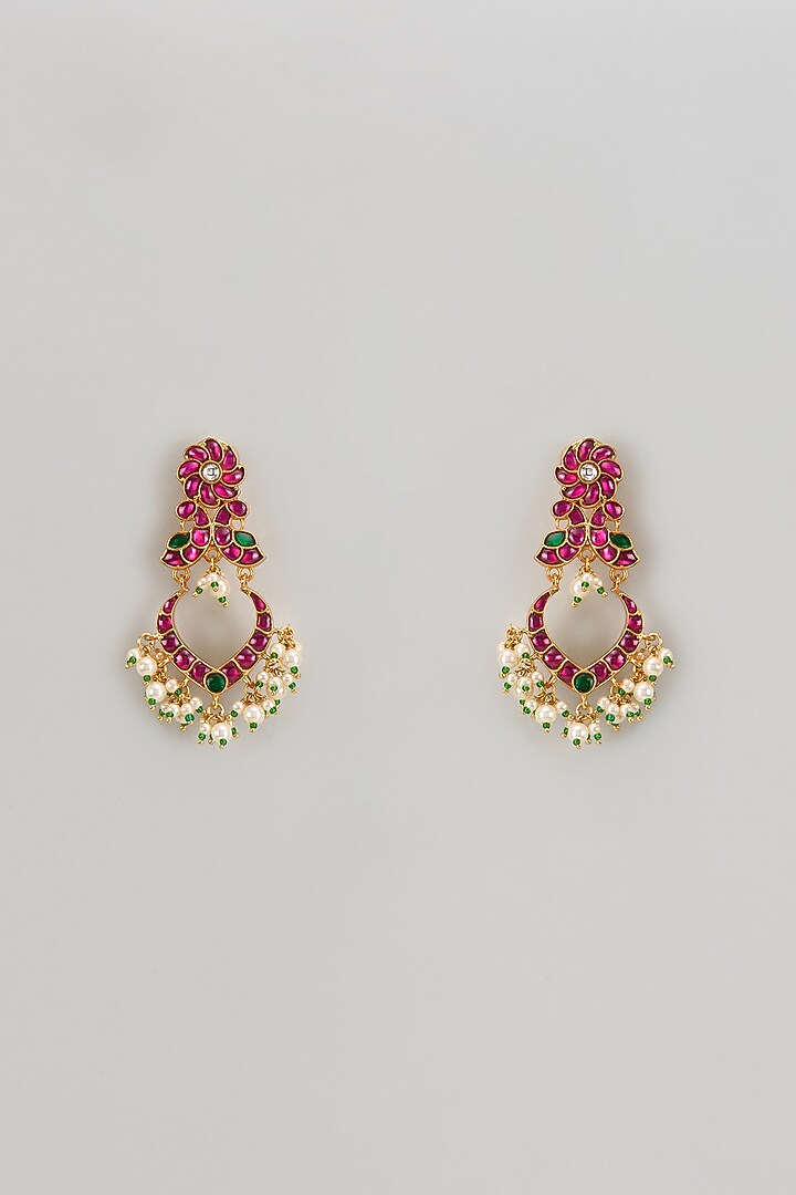 Gold Finish Freshwater Pearl & Semi-Precious Stone Dangler Earrings In Sterling Silver by HALKI FULKI at Pernia's Pop Up Shop