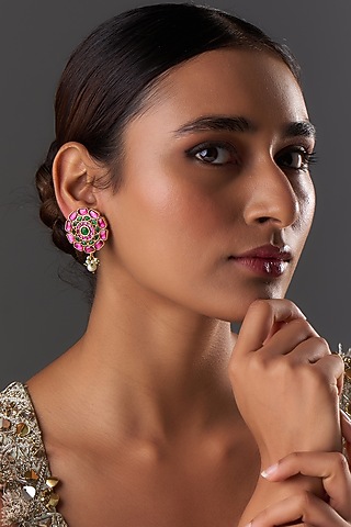 Gold Finish Freshwater Pearl & Semi-Precious Stone Stud Earrings In Sterling Silver by HALKI FULKI