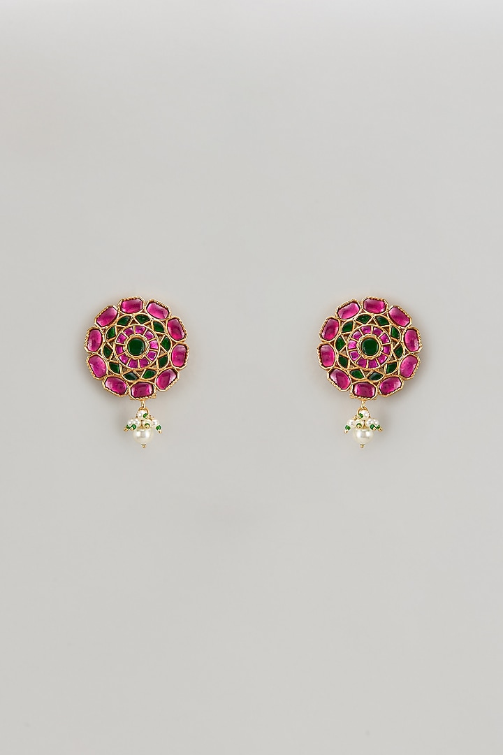 Gold Finish Freshwater Pearl & Semi-Precious Stone Stud Earrings In Sterling Silver by HALKI FULKI at Pernia's Pop Up Shop