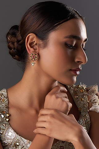 Gold Finish Freshwater Pearl & Semi-Precious Stone Stud Earrings In Sterling Silver by HALKI FULKI